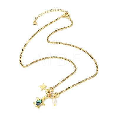 Ocean Brass Natural Paua Shell & Pearl Pendant 304 Stainless Steel Curb Chain Necklaces for Women NJEW-JN06258-01-1