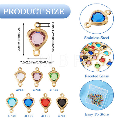 28Pcs 7 Colors Stainless Steel Pave Glass Heart Connector Charms STAS-TA0003-30-1