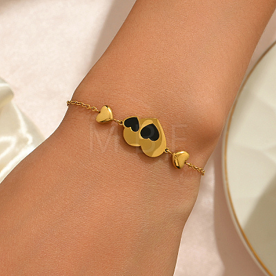 Stainless Steel Enamel Black Couple Heart Link Bracelets for Daily Casual and Work Wear YH0561-1