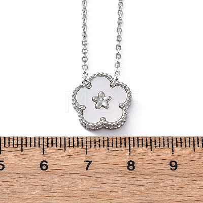 304 Stainless Steel Pave Natural White Shell Flower Pendant Necklaces for Women NJEW-U032-16P-03-1