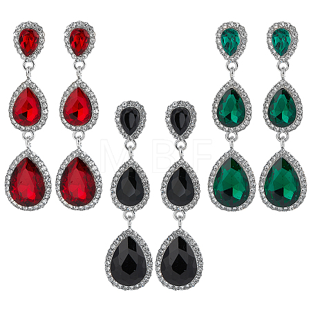 3 Pairs 3 Colors Glass Teardrop Dangle Stud Earrings with Rhinestone EJEW-AN0003-98-1