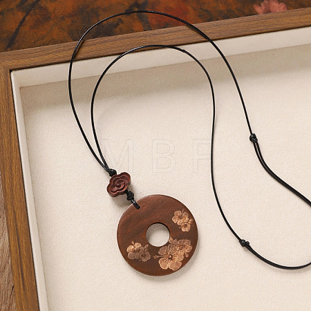Wood Pendant Black Wax Cord Long Necklaces for Women FS-WG36920-04-1