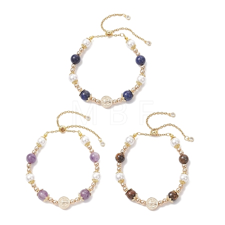 Round Brass & Shell Pearl & Synthetic Hematite & Natural Amethyst/Natural Tiger Eye/Natural Lapis Lazuli Beads Slider Bracelets for Women BJEW-JB12940-1