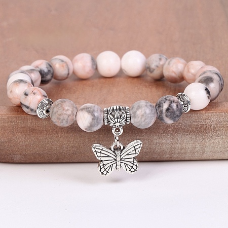 8MM Round Natural Zebra Jasper Beaded Stretch Bracelets with Alloy Butterfly Charms FQ7211-5-1