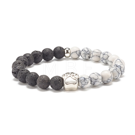 Synthetic Howlite & Natural Lava Rock Round Beaded Stretch Bracelet with Alloy Paw Print BJEW-JB07843-1
