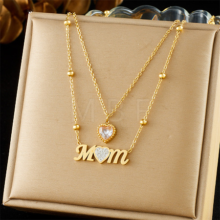 304 Stainless Steel Pave Clear Cubic Zirconia Mom Heart Pendant Double Layer Necklaces for Mother's Day WG85AFE-01-1