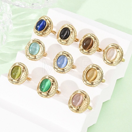 304 Stainless Steel with Glass Cat Eye Cuff Rings for Women RJEW-K309-40D-1