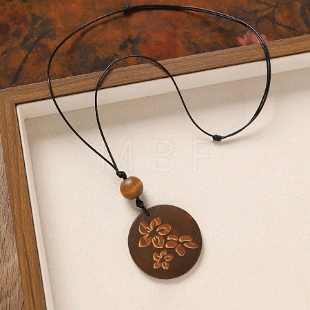 Wood Pendant Black Wax Cord Long Necklaces for Women FS-WG36920-16-1