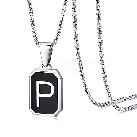 304 Stainless Steel Black Enamel Rectangle with Initial Pendant Box Chain Necklaces WG7737E-23-1