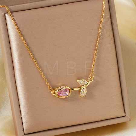 Fashionable Brass Pave Cubic Zirconia Tulip Flower Pendant Necklaces for Women SG6525-4-1