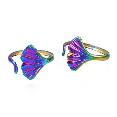 304 Stainless Steel Leaf Cuff Ring RJEW-N038-051-1