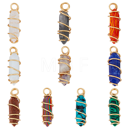 10Pcs 10 Styles Mixed Gemstone Double Terminal Pointed Pendants FIND-FH0006-90-1