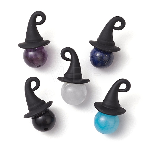 5Pcs 5 Styles Halloween Natural Mashan Jade & Lapis Lazuli & Amethyst & Quartz Crystal & Black Stone Pendants PALLOY-JF02853-1