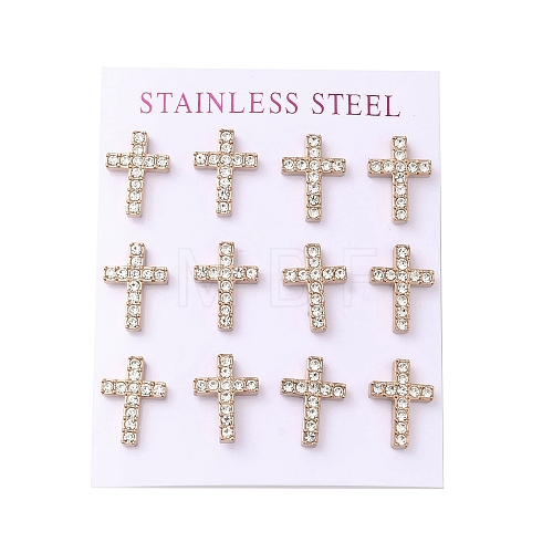 Ion Plating(IP) 304 Stainless Steel Cross Stud Earrings EJEW-C099-10RG-1