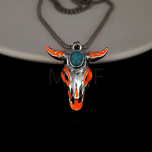 Alloy Ox Head Pendant Necklace with Stainless Steel Chains JN1135E-1