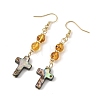 Natural Amber & Abalone Shell/Paua Shell Beads Dangle Earrings EJEW-JE07315-03-4