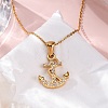 304 Stainless Steel Crystal Rhinestone Anchor Pendant Necklaces NJEW-Z057-01A-G-2