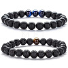 2Pcs 2 Style Natural Tiger Eye & Lava Rock & Synthetic Black Stone Round Beaded Stretch Bracelets Set SF6156-2-1