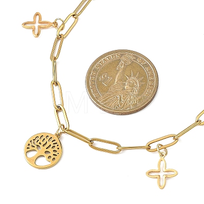 304 Stainless Steel Tree of Life and Cross Pendant Paperclip Chain Necklaces for Women NJEW-JN05664-1