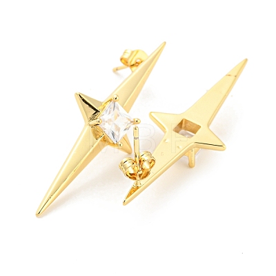 Star Shape Rack Plating Brass Micro Pave Cubic Zirconia Dangle Stud Earrings EJEW-P240-03G-1