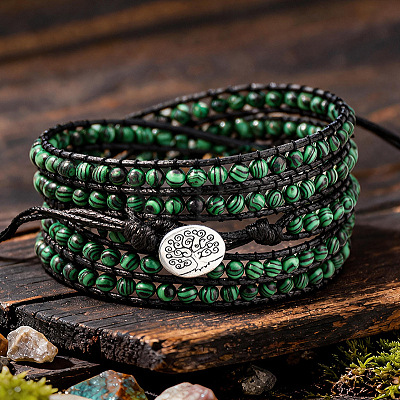 Adjustable Alloy Tree of Life Synthetic Malachite Round Beaded Wrap Bracelets for Women WGFA9D3-01-1