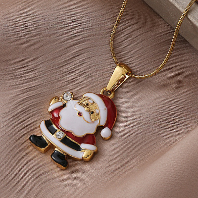304 Stainless Steel Enamel Red Christmas Santa Claus Pendant Necklaces RP2300-1