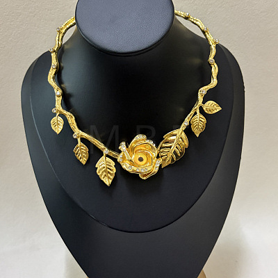 Alloy Crystal Rhinestone & Resin Gold Evil Eye Rose Flower Hinged Open Cuff Choker Necklaces for Women WG757BF-01-1