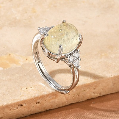 Brass Micro Pave Cubic Zirconia with Synthetic Lemon Quartz Cuff Open Rings RJEW-T035-01P-A-1