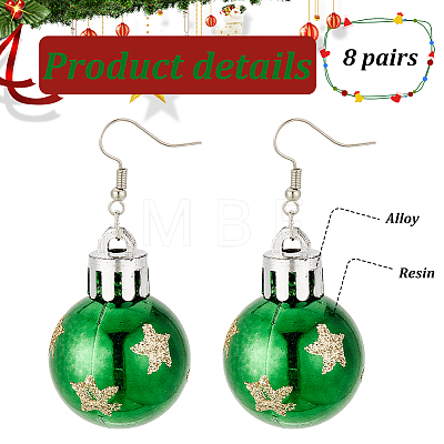 ANATTASOUL 8 Pairs 8 Style Christmas Themed Resin Round Ball Dangle Earrings EJEW-AN0002-34-1