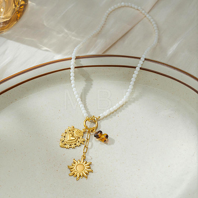304 Stainless Steel Sacred Heart Sun Pendant White Glass Beaded Necklaces for Women WG88FB4-01-1