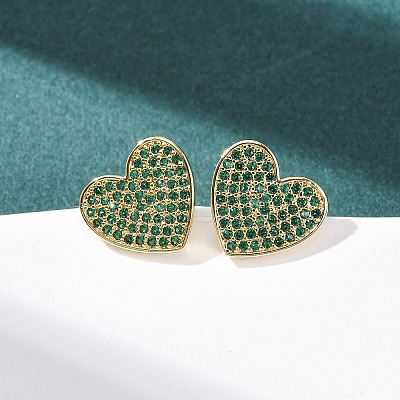 Heart Brass Micro Pave Cubic Zirconia Stud Earrings EJEW-H178-01G-03-1