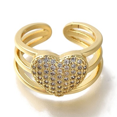 Rack Plating Heart Brass Clear Cubic Zirconia Open Cuff Rings RJEW-S411-09G-1