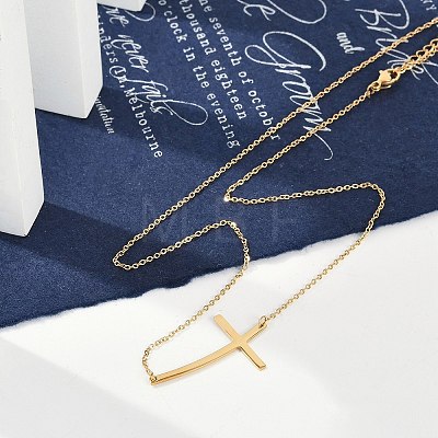 Ion Plating(IP) 304 Stainless Steel Religion Curved Cross Pendant Cable Chain Necklaces for Women NJEW-P320-13G-1