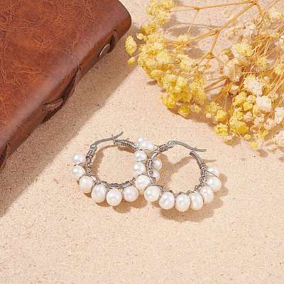 Natural Pearl Braided Hoop Earrings EJEW-JE04851-1