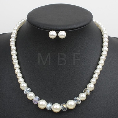 Alloy with ABS Plastic Pearl Round Beaded Necklaces & Stud Earrings Sets for Women WG13E8D-06-1