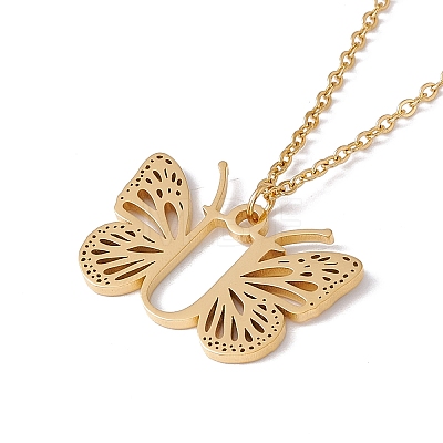 Initial Letter with Butterfly Pendant Necklace NJEW-C026-01G-U-1