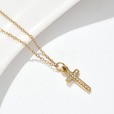 304 Stainless Steel Crystal Rhinestone Cross Pendant Necklaces NJEW-S442-08G-1