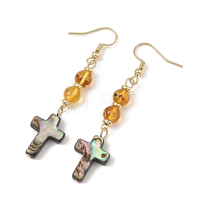 Natural Amber & Abalone Shell/Paua Shell Beads Dangle Earrings EJEW-JE07315-03-1
