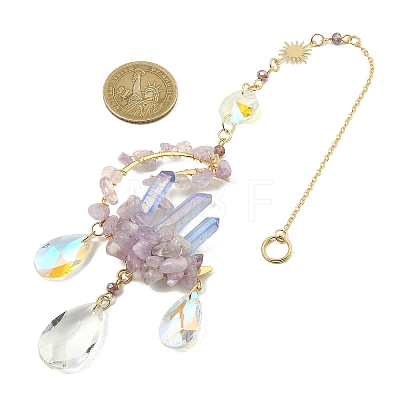 Wire Wrapped Natural Amethyst Chip & Brass Moon Pendant Decoration HJEW-TA00082-1