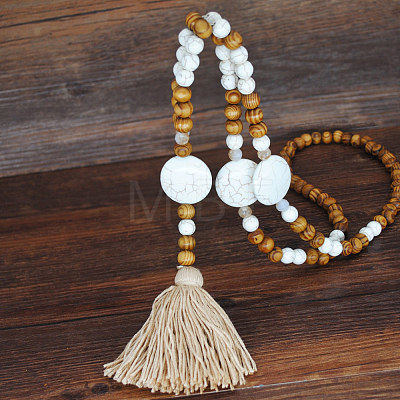 Bohemian White Resin Imitation Turquoise & Wood Beaded Mala Necklaces with Jute Cord Tassel FS-WG73E7D-02-1