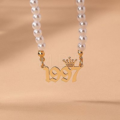 Alloy Crown Birth Year Pendant Imitation Pearl Round White Beaded Necklaces for Women FS-WG173C9-37-1