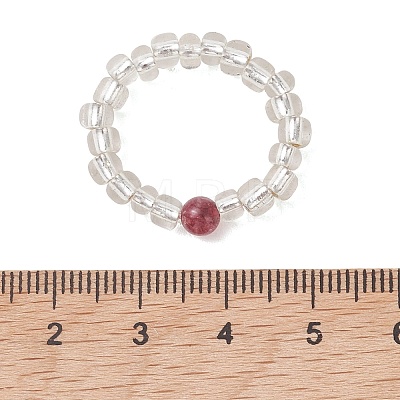 Natural Green Jade Imitation Tourmaline & Glass Beaded Stretch Finger Rings RJEW-JR01006-1