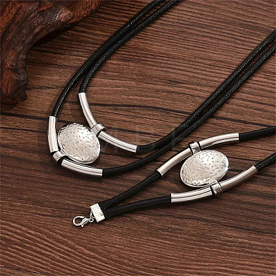 Bohemian Style Oval Alloy & Imitation Leather Wax Cord Double Layer Necklaces & Bracelets Sets for Women FS-WG56800-01-1