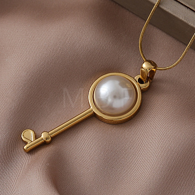304 Stainless Steel with White Imitation Pearl Key Pendant Necklaces for Women OM7731-1