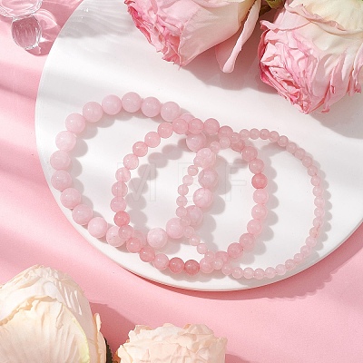 3Pcs Round Natural Rose Quartz Beads Stretch Bracelets BJEW-JB10963-1