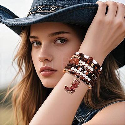 7Pcs Boot Western Cowboy Style Polymer Clay Heishi & CCB Plastic & Natural Tiger Eye Beaded Bracelets FS-WG5CAF3-03-1