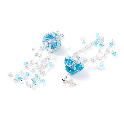Glass Seed & Synthetic Moonstone Beaded Long Tassel Dangle Stud Earrings with Shell Pearl for Women EJEW-TA00062-1