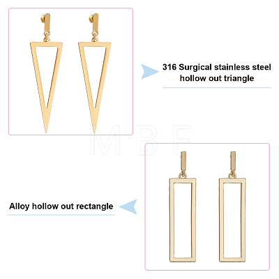 2 Pairs 2 Style 316 Surgical Stainless Steel Hollow Out Triangle & Rectangle Dangle Stud Earrings EJEW-AN0001-86-1