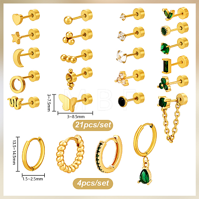 25Pcs Stainless Steel Pave Green and Clear Cubic Zirconia Cartilage Earring Sets EJEW-PH0001-53-1