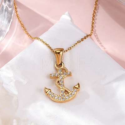 304 Stainless Steel Crystal Rhinestone Anchor Pendant Necklaces NJEW-Z057-01A-G-1